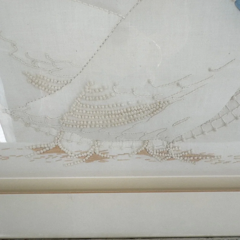 Vintage Framed Goose Embroidery Art Three White Geese Blue Bows Cottagecore